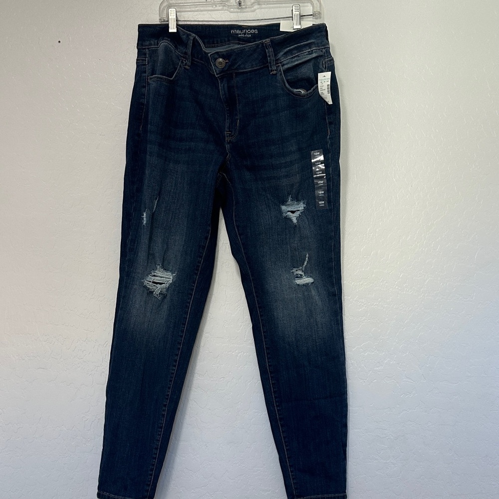 Maurices Dark Blue Jeans Distressed 16W long mid rise Jegging denim flex new nwt